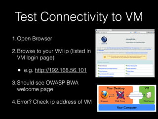 Test Connectivity to VM
1.Open Browser
2.Browse to your VM ip (listed in
VM login page)

•

e.g. http://192.168.56.101

3.Should see OWASP BWA
welcome page
4.Error? Check ip address of VM

 
