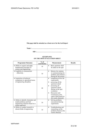 EEN3076 Power Electronics: PE1 & PE2 2010/2011
This page shall be attached as a front cover for the Lab Report
Name : ……………………………………………………………
SID :………………………………………..…
EEN3076 PE2
ON THE SPOT EVALUATION SHEET
Programme Outcomes
% of
contribution
Measurement Results
• Ability to acquire and apply
fundamental principles of
science and engineering.
10
• Basic questions shall
be asked on the spot
• Capability to communicate
effectively. 10
• Monitor the students
in communicating his
problem and solutions
during thr lab session
• Acquisition of technical
competence in specialized areas
of engineering discipline.
40
• completing all the lab
experiments
• answering all the
questions asked
• answering all
questions asked
during on the spot
evaluation
• Discussion and
Conclusion in the
report (shall based on
the results obtained)
• Ability to identify, formulate and
model problems and find
engineering solutions based on a
system approach.
10
• Solving problems
encountered during
experiments
• Ability to conduct research in
chosen fields of engineering. 10
• Troubleshooting and
researching on the
problems based on the
results obtained
kpb/hussain
25 of 28
 