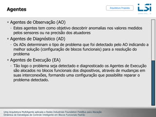 AgentesAgentes de Observação (AO)Estes agentes tem como objetivo descobrir anomalias nos valores medidos pelos sensores ou na precisão dos atuadoresAgentes de Diagnóstico (AD)Os ADs determinam o tipo de problema que foi detectado pelo AO indicando a melhor solução (configuração de blocos funcionais) para a resolução do problemaAgentes de Execução (EA)Tão logo o problema seja detectado e diagnosticado os Agentes de Execução são alocados no blocos funcionais dos dispositivos, através de mudanças em suas interconexões, formando uma configuração que possibilite reparar o problema detectado.Arquitetura Proposta