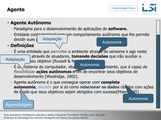 AgenteAgente AutônomoParadigma para o desenvolvimento de aplicações de software.Entidade computacional com um comportamento autônomo que lhe permite decidir suas próprias ações.DefiniçõesÉ uma entidade que percebe o ambiente através de sensores e age neste ambiente através de atuadores, tomando decisões que irão auxiliar a alcançar seu objetivo [Russell & Norvig 2003].É um sistema de computador, situado em algum ambiente, que é capaz de flexibilizarações autônomas a fim de encontrar seus objetivos de desenvolvimento [Woolridge, 2002].Agente autônomo é o que consegue operar com completa autonomia, decidir por si só como relacionar os dados obtidos com ações de modo que seus objetivos sejam atingidos com sucesso[Maes 1995] .Fundamentação TeóricaAdaptaçãoAutonomiaAdaptaçãoAutonomiaAutonomiaAprendizagem