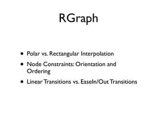 RGraph

• Polar vs. Rectangular Interpolation
• Node Constraints: Orientation and
  Ordering
• Linear Transitions vs. Ease...