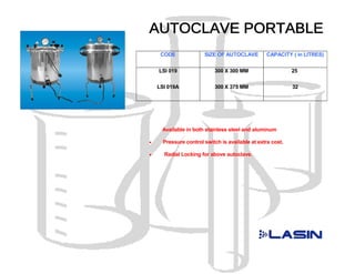 CODE              SIZE OF AUTOCLAVE         CAPACITY ( in LITRES)


    LSI 019                300 X 300 MM                     25

    LSI 019A               300 X 375 MM                     32




     Available in both stainless steel and aluminum

•     Pressure control switch is available at extra cost.

•     Radial Locking for above autoclave.
 