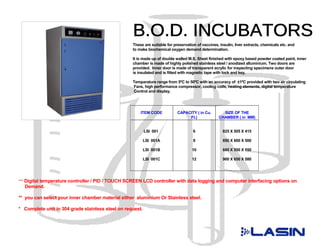 These are suitable for preservation of vaccines, insulin, liver extracts, chemicals etc. and
                                                   to make biochemical oxygen demand determination.

                                                   It is made up of double walled M.S. Sheet finished with epoxy based powder coated paint, inner
                                                   chamber is made of highly polished stainless steel / anodized alluminium. Two doors are
                                                   provided. Inner door is made of transparent acrylic for inspecting specimens outer door
                                                   is insulated and is fitted with magnetic tape with lock and key.

                                                   Temparature range from 5ºC to 50ºC with an accuracy of ±1ºC provided with two air circulating
                                                   Fans, high performance compressor, cooling coils, heating elements, digital temperature
                                                   Control and display.




                                                       ITEM CODE            CAPACITY ( in Cu.        SIZE OF THE
                                                                                 Ft.)              CHAMBER ( in MM)


                                                           LSI 001                   6                825 X 505 X 415

                                                           LSI 001A                  8                850 X 600 X 500

                                                           LSI 001B                 10                880 X 550 X 550

                                                           LSI 001C                 12                900 X 650 X 580




*** Digital temperature controller / PID / TOUCH SCREEN LCD controller with data logging and computer interfacing options on
  Demand.

** you can select your inner chamber material either aluminium Or Stainless steel.

* Complete unit in 304 grade stainless steel on request.
 