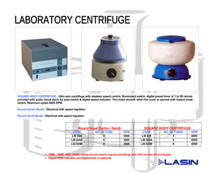 SQUARE BODY CENTRIFUGE : Ultra spin centrifuge with stepless speed control, illuminated switch, digital preset timer of 1 to 99 minute
provided with audio visual alarm by pass switch & digital speed indicator. The motor shutoff, when the cover is opened with instant break
switch. Maximum speed 6000 RPM.

Round Doctor Model : Electrical with speed regulator.

Round Handi Model : Electrical with speed regulator.



                                               Round Head Doctor / Handi                          SQUARE BODY CENTRIFUGE
                                          CODE              NO. OF TUBE           RPM            CODE             NO. OF TUBES         RPM
                                         LSI O24                 4                3500           LSI 025                4              6000
                                         LSI 024A                6                3500          LSI 025A                6              6000
                                         LSI 024B                8                3500          LSI 025B                8              6000


                     • 15ML , 50ML AND 100ML tubes can be used in square centrifuge and 15ml in case of round type.
                     • Digital RPM indicator and digital timer is optional.
 