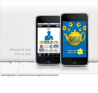Wheel of tea
                   iPhone app




And	
  helped	
  put	
  a	
  stop	
  to	
  brew	
  time	
  arguments	
  everywhere
 