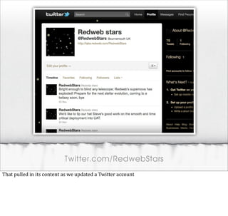 Twitter.com/RedwebStars
That	
  pulled	
  in	
  its	
  content	
  as	
  we	
  updated	
  a	
  Twitter	
  account
 