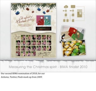 Measuring the Christmas spirit - BIMA finalist 2010
Our	
  second	
  BIMA	
  nomination	
  of	
  2010,	
  for	
  our
Arduino,	
  Twitter,	
  Flash	
  mash	
  up	
  from	
  2009
 