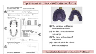 Impressions with work authorization forms
(1) The signature and license
number of the dentist
(2) The date the authorization
was signed
(3) The name and address of
the patient
(4) A description of the service
or material ordered
7
Stewart’s clinical removable prosthodontics.4th edition.p314
7
 