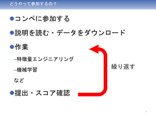 どうやって参加するの？
コンペに参加する
説明を読む・データをダウンロード
作業
–特徴量エンジニアリング
–機械学習
など
提出・スコア確認
7
繰り返す
 