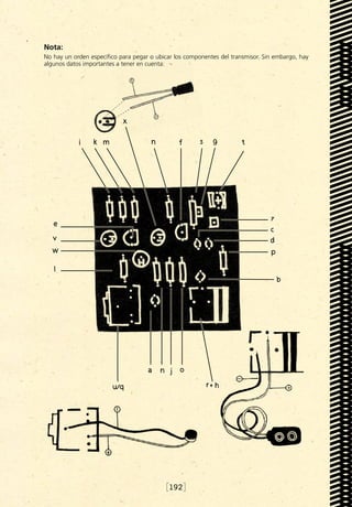 Nota:
No hay un orden específico para pegar o ubicar los componentes del transmisor. Sin embargo, hay
algunos datos importantes a tener en cuenta:




                                           [192]
 