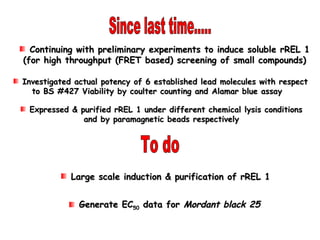 Continuing with preliminary experiments to induce soluble rREL 1Continuing with preliminary experiments to induce soluble rREL 1
(for high throughput (FRET based) screening of small compounds)(for high throughput (FRET based) screening of small compounds)
Investigated actual potency of 6 established lead molecules with respectInvestigated actual potency of 6 established lead molecules with respect
to BS #427 Viability by coulter counting and Alamar blue assayto BS #427 Viability by coulter counting and Alamar blue assay
Large scale induction & purification of rREL 1Large scale induction & purification of rREL 1
Generate ECGenerate EC5050 data fordata for Mordant black 25Mordant black 25
Expressed & purified rREL 1 under different chemical lysis conditionsExpressed & purified rREL 1 under different chemical lysis conditions
and by paramagnetic beads respectivelyand by paramagnetic beads respectively
 