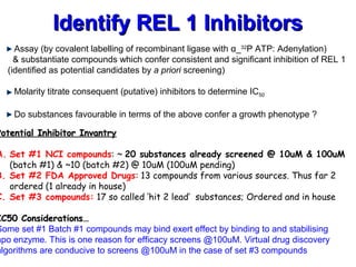 Identify REL 1 InhibitorsIdentify REL 1 Inhibitors
Assay (by covalent labelling of recombinant ligase with α_32
P ATP: Adenylation)
& substantiate compounds which confer consistent and significant inhibition of REL 1
(identified as potential candidates by a priori screening)
Molarity titrate consequent (putative) inhibitors to determine IC50
Do substances favourable in terms of the above confer a growth phenotype ?
Potential Inhibitor InvantryPotential Inhibitor Invantry
A. Set #1 NCI compounds: ~ 20 substances already screened @ 10uM & 100uM
(batch #1) & ~10 (batch #2) @ 10uM (100uM pending)
B. Set #2 FDA Approved Drugs: 13 compounds from various sources. Thus far 2
ordered (1 already in house)
C. Set #3 compounds: 17 so called ‘hit 2 lead’ substances; Ordered and in house
IC50 Considerations…IC50 Considerations…
Some set #1 Batch #1 compounds may bind exert effect by binding to and stabilising
apo enzyme. This is one reason for efficacy screens @100uM. Virtual drug discovery
algorithms are conducive to screens @100uM in the case of set #3 compounds
 