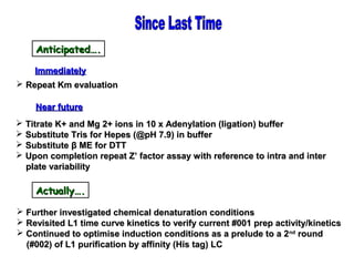 Repeat Km evaluationRepeat Km evaluation
ImmediatelyImmediately
Near futureNear future
 Titrate K+ and Mg 2+ ions in 10 x Adenylation (ligation) bufferTitrate K+ and Mg 2+ ions in 10 x Adenylation (ligation) buffer
 Substitute Tris for Hepes (@pH 7.9) in bufferSubstitute Tris for Hepes (@pH 7.9) in buffer
 SubstituteSubstitute ββ ME for DTTME for DTT
 Upon completion repeat Z’ factor assay with reference to intra and interUpon completion repeat Z’ factor assay with reference to intra and inter
plate variabilityplate variability
Actually….Actually….
 Further investigated chemical denaturation conditionsFurther investigated chemical denaturation conditions
 Revisited L1 time curve kinetics to verify current #001 prep activity/kineticsRevisited L1 time curve kinetics to verify current #001 prep activity/kinetics
 Continued to optimise induction conditions as a prelude to a 2Continued to optimise induction conditions as a prelude to a 2ndnd
roundround
(#002) of L1 purification by affinity (His tag) LC(#002) of L1 purification by affinity (His tag) LC
Anticipated….Anticipated….
 
