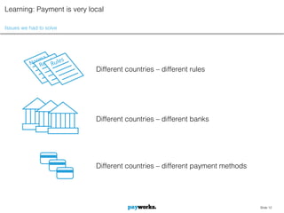 Learning: Payment is very local

Issues we had to solve




                            Different countries – different rules




                            Different countries – different banks




                            Different countries – different payment methods




                                                                              Slide 12
 