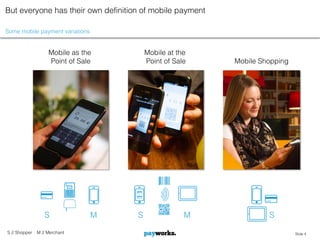 But everyone has their own definition of mobile payment

Some mobile payment variations


                    Mobile as the            Mobile at the
                    Point of Sale            Point of Sale   Mobile Shopping




                           §   PIN

                            §


                  S                  M   S               M            S

S // Shopper   M // Merchant                                                   Slide 4
 