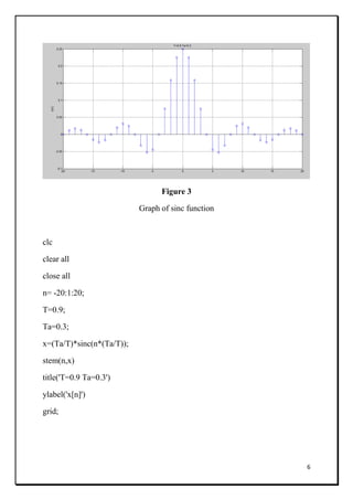 6
Figure 3
Graph of sinc function
clc
clear all
close all
n= -20:1:20;
T=0.9;
Ta=0.3;
x=(Ta/T)*sinc(n*(Ta/T));
stem(n,x)
title('T=0.9 Ta=0.3')
ylabel('x[n]')
grid;
 