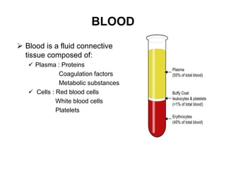 BLOOD
 Blood is a fluid connective
tissue composed of:
 Plasma : Proteins
Coagulation factors
Metabolic substances
 Cells : Red blood cells
White blood cells
Platelets
 
