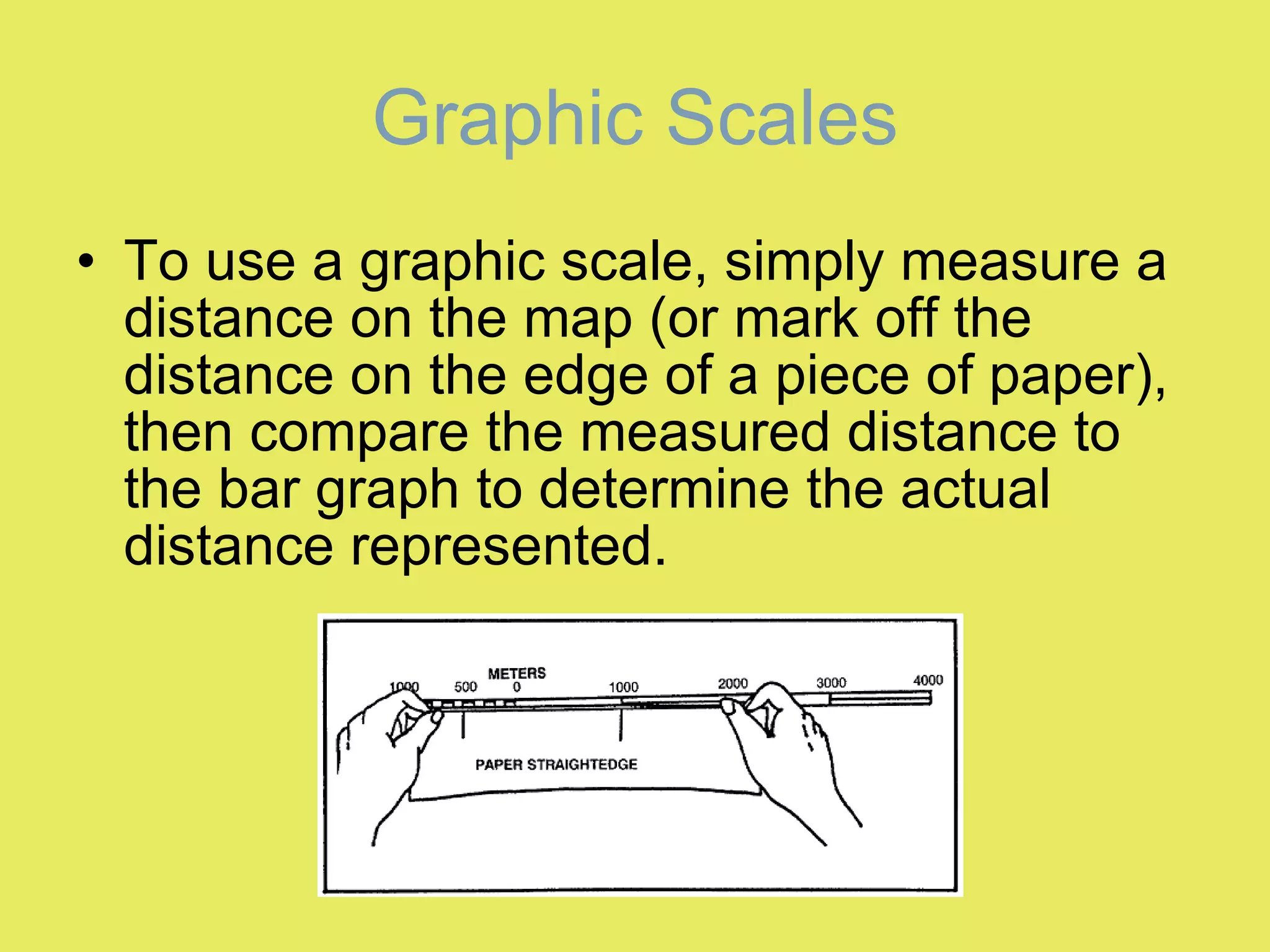 To use a graphic scale, simply measure a distance on the map (or mark off the distance on the edge of a piece of paper), then compare the measured distance to the bar graph to determine the actual distance represented. Graphic Scales 