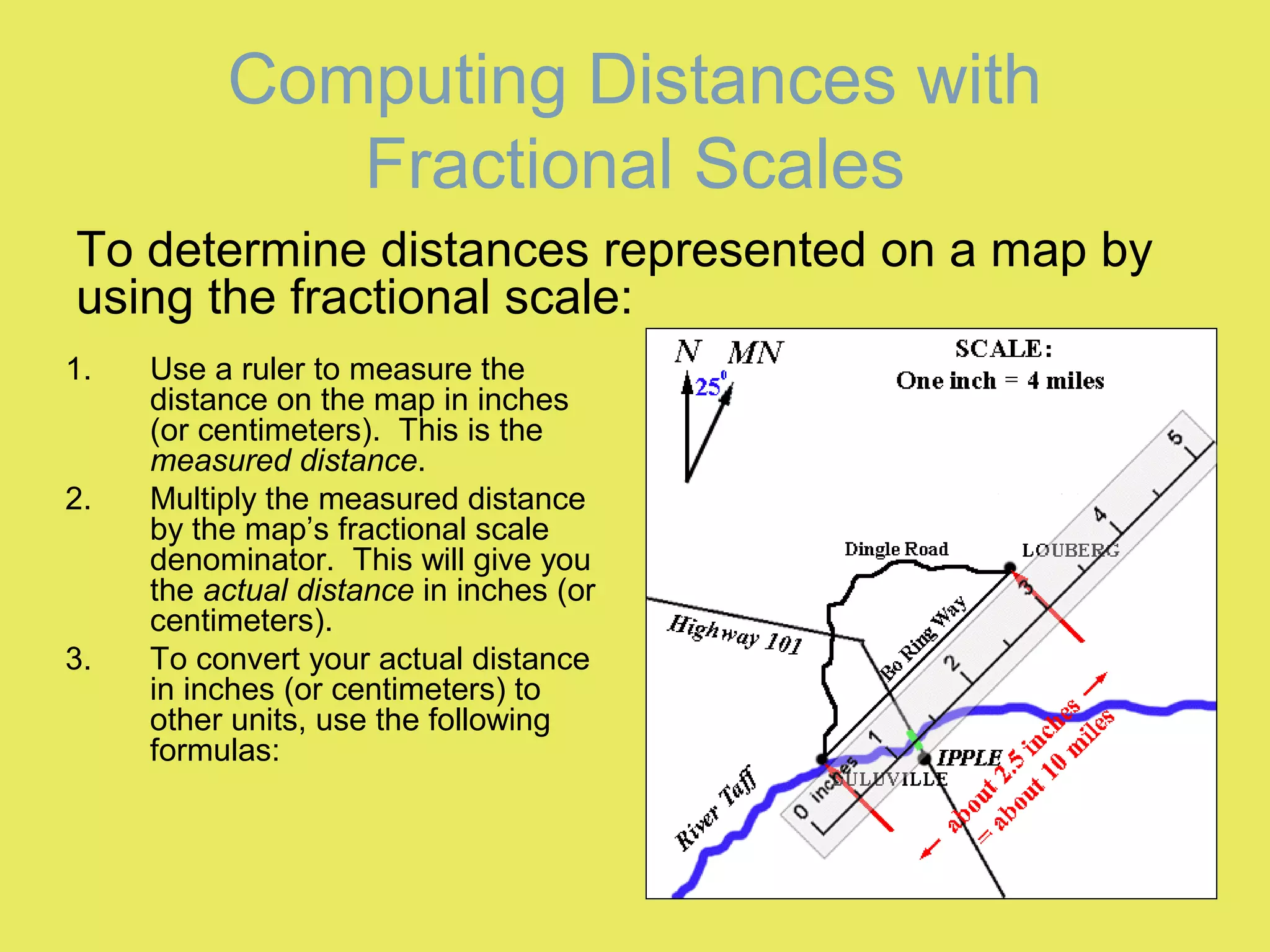 Computing Distances with
Fractional Scales
1. Use a ruler to measure the
distance on the map in inches
(or centimeters). This is the
measured distance.
2. Multiply the measured distance
by the map’s fractional scale
denominator. This will give you
the actual distance in inches (or
centimeters).
3. To convert your actual distance
in inches (or centimeters) to
other units, use the following
formulas:
To determine distances represented on a map by
using the fractional scale:
 