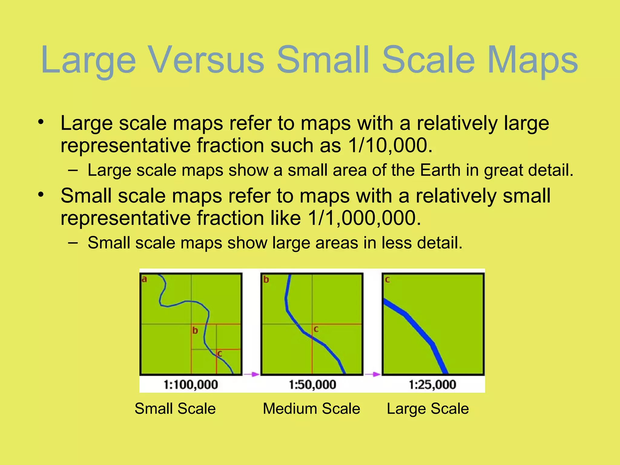 Large Versus Small Scale Maps
• Large scale maps refer to maps with a relatively large
representative fraction such as 1/10,000.
– Large scale maps show a small area of the Earth in great detail.
• Small scale maps refer to maps with a relatively small
representative fraction like 1/1,000,000.
– Small scale maps show large areas in less detail.
Small Scale Medium Scale Large Scale
 