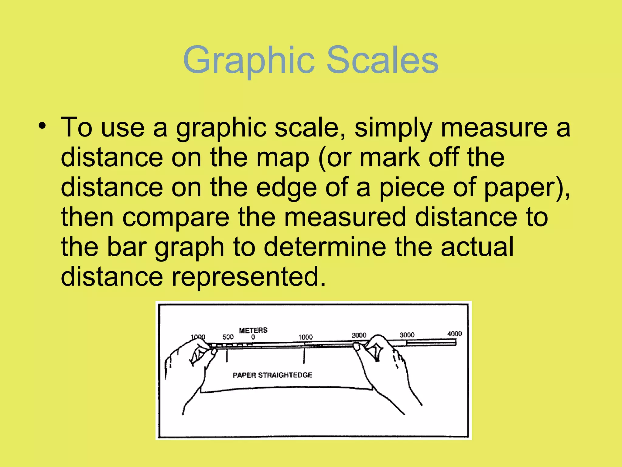 • To use a graphic scale, simply measure a
distance on the map (or mark off the
distance on the edge of a piece of paper),
then compare the measured distance to
the bar graph to determine the actual
distance represented.
Graphic Scales
 