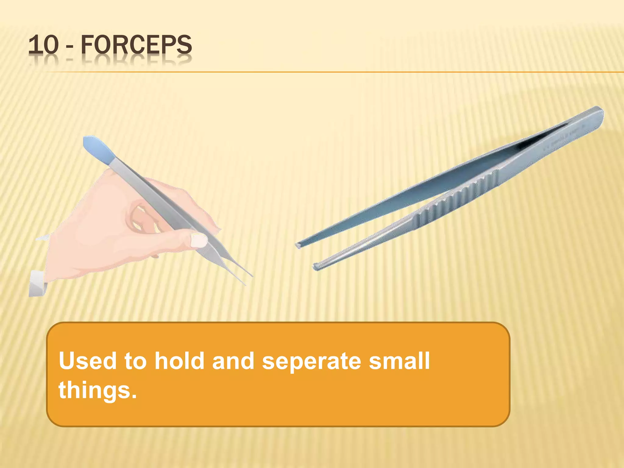 10 - FORCEPS
Used to hold and seperate small
things.