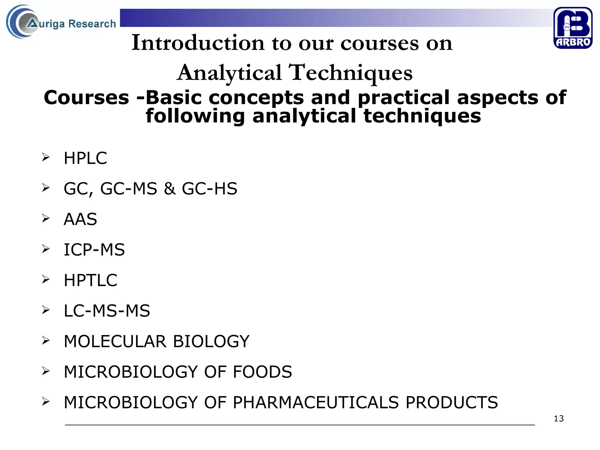 Introduction to our courses on  Analytical Techniques Courses -Basic concepts and practical aspects of following analytical techniques   HPLC GC, GC-MS & GC-HS AAS ICP-MS HPTLC  LC-MS-MS MOLECULAR BIOLOGY MICROBIOLOGY OF FOODS  MICROBIOLOGY OF PHARMACEUTICALS PRODUCTS  