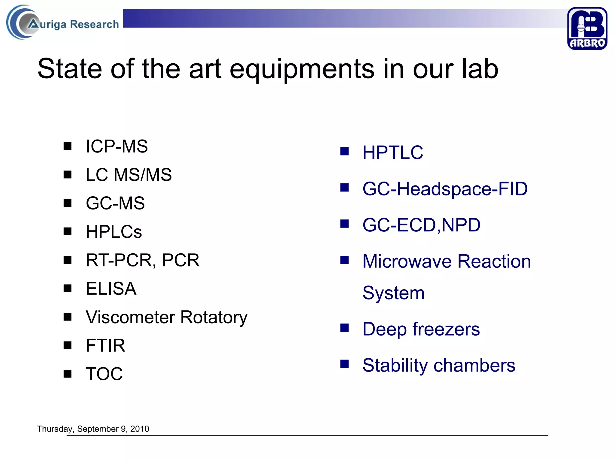State of the art equipments in our lab ICP-MS LC MS/MS  GC-MS HPLCs RT-PCR, PCR ELISA  Viscometer Rotatory FTIR TOC HPTLC GC-Headspace-FID GC-ECD,NPD Microwave Reaction System Deep freezers Stability chambers Thursday, September 9, 2010 