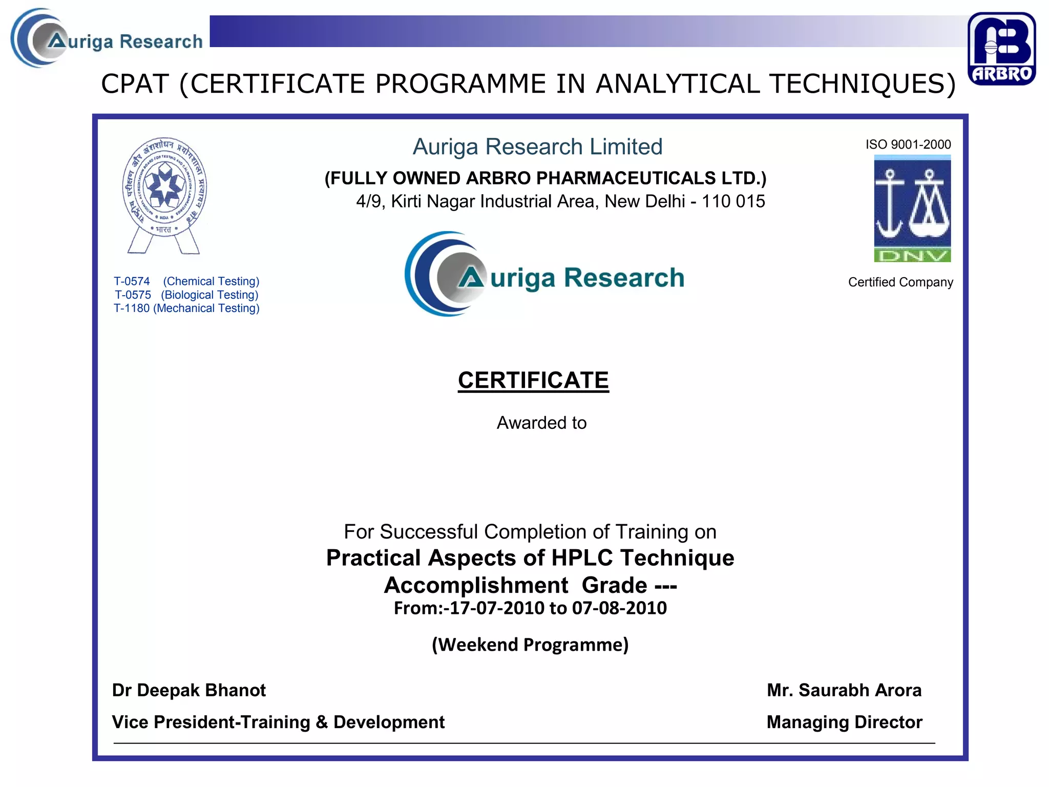CPAT (CERTIFICATE PROGRAMME IN ANALYTICAL TECHNIQUES) 