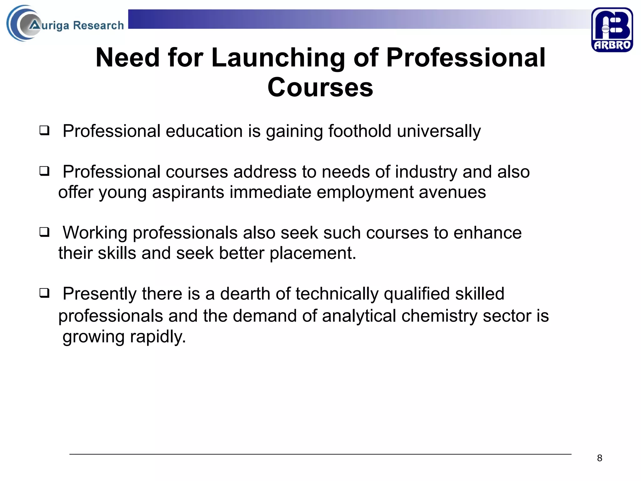 Need for Launching of Professional Courses Professional education is gaining foothold universally  Professional courses address to needs of industry and also  offer young aspirants immediate employment avenues Working professionals also seek such courses to enhance  their skills and seek better placement. Presently there is a dearth of technically qualified skilled  professionals and the demand of analytical chemistry sector is growing rapidly.   