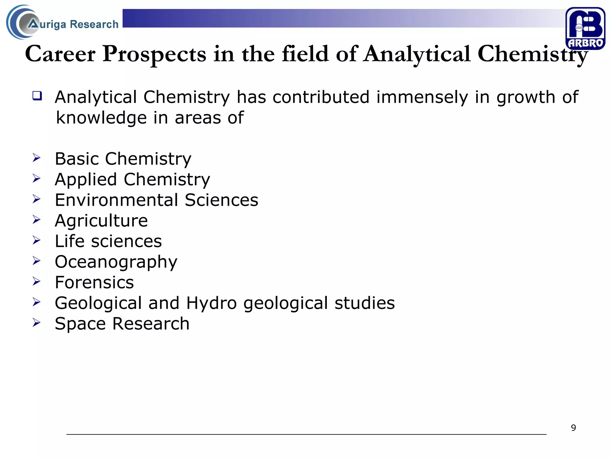 Career Prospects in the field of Analytical Chemistry Analytical Chemistry has contributed immensely in growth of  knowledge in areas of Basic Chemistry Applied Chemistry Environmental Sciences Agriculture Life sciences  Oceanography Forensics  Geological and Hydro geological studies Space Research  