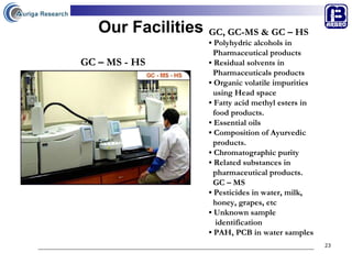 Our Facilities GC, GC-MS & GC – HS •  Polyhydric alcohols in  Pharmaceutical products •  Residual solvents in  Pharmaceuticals products •  Organic volatile impurities  using Head space  •  Fatty acid methyl esters in  food products. •  Essential oils •  Composition of Ayurvedic  products. •  Chromatographic purity  •  Related substances in  pharmaceutical products.  GC – MS  •  Pesticides in water, milk,  honey, grapes, etc •  Unknown sample  identification  •  PAH, PCB in water samples GC – MS - HS 