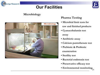Our Facilities Pharma Testing •  Microbial limit tests for  raw and finished products •  Cyanacobalamin test  assay •  Antibiotic assay •  Calcium pantothenate test •  Prebiotic & Probiotic  enumeration •  Sterility test •  Bacterial endotoxin test •  Preservative efficacy test •  Environmental monitoring. Microbiology 