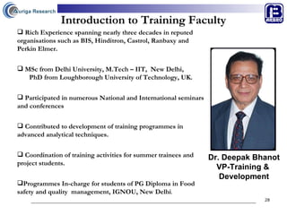 Introduction to Training Faculty Dr. Deepak Bhanot VP-Training &  Development Rich Experience spanning nearly three decades in reputed  organisations such as BIS, Hinditron, Castrol, Ranbaxy and  Perkin Elmer.  MSc from Delhi University, M.Tech – IIT,  New Delhi,  PhD from Loughborough University of Technology, UK. Participated in numerous National and International seminars and conferences   Contributed to development of training programmes in advanced analytical techniques. Coordination of training activities for summer trainees and project students. Programmes In-charge for students of PG Diploma in Food safety and quality  management, IGNOU, New Delhi . 