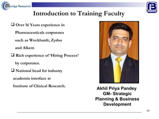 Introduction to Training Faculty Over 16 Years experience in  Pharmaceuticals corporates  such as Wockhardt, Zydus  and Alkem Rich experience of ‘Hiring Procees’  by corporates. National head for industry  academia interface at  Institute of Clinical Research. Akhil Priya Pandey  GM- Strategic Planning & Business Development 