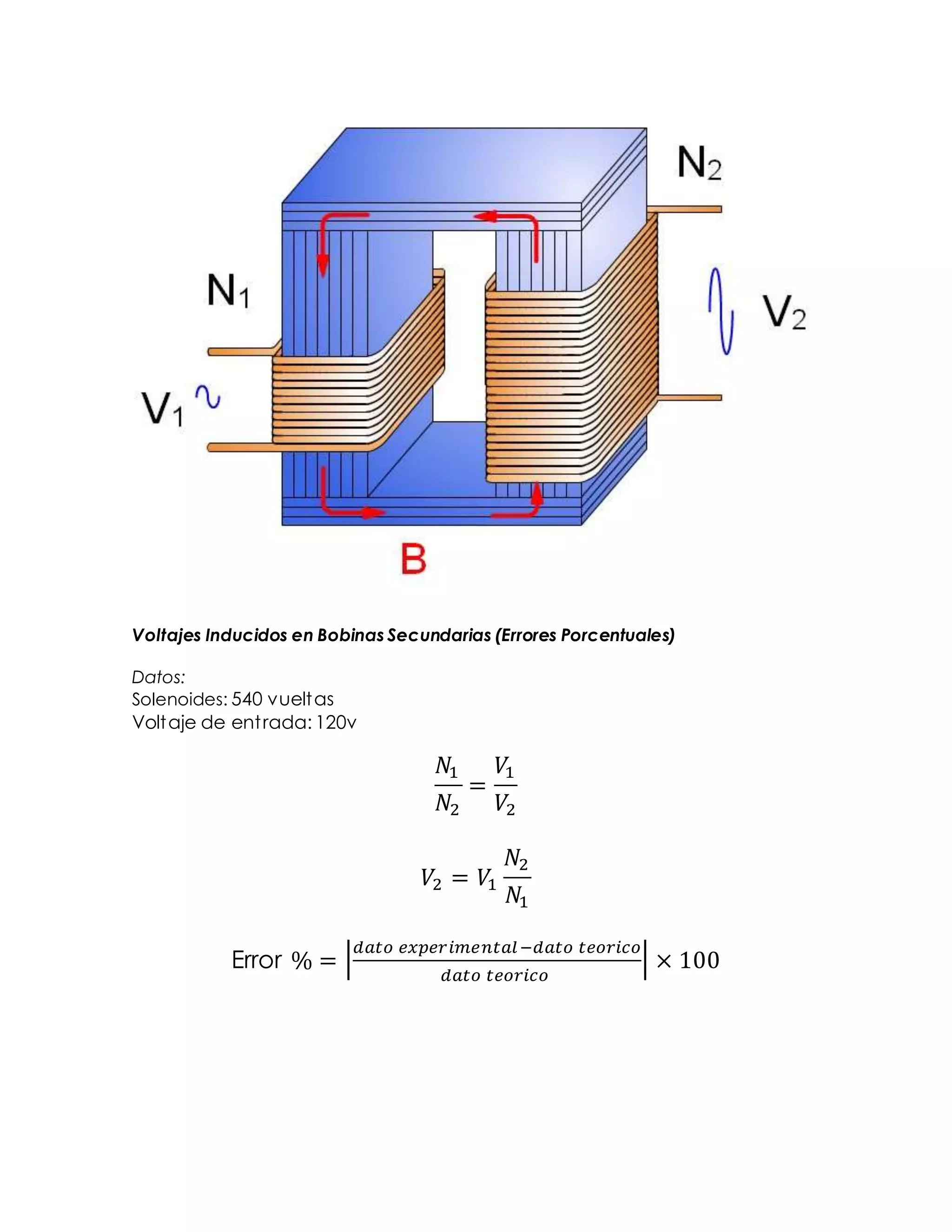 Voltajes Inducidos en Bobinas Secundarias (Errores Porcentuales)
Datos:
Solenoides: 540 vueltas
Voltaje de entrada: 120v
𝑁1
𝑁2
=
𝑉1
𝑉2
𝑉2 = 𝑉1
𝑁2
𝑁1
Error % = |
𝑑𝑎𝑡𝑜 𝑒𝑥𝑝𝑒𝑟𝑖𝑚𝑒𝑛𝑡𝑎𝑙−𝑑𝑎𝑡𝑜 𝑡𝑒𝑜𝑟𝑖𝑐𝑜
𝑑𝑎𝑡𝑜 𝑡𝑒𝑜𝑟𝑖𝑐𝑜
| × 100
 