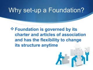 Why set-up a Foundation?
 Foundation is governed by its
charter and articles of association
and has the flexibility to change
its structure anytime

 