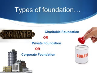Types of foundation…
Charitable Foundation
OR
Private Foundation
OR
Corporate Foundation

 