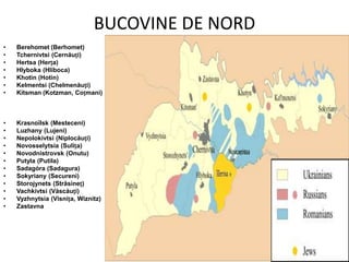 BUCOVINE DE NORD
•   Berehomet (Berhomet)
•   Tchernivtsi (Cernăuți)
•   Hertsa (Herța)
•   Hlyboka (Hliboca)
•   Khotin (Hotin)
•   Kelmentsi (Chelmenăuți)
•   Kitsman (Kotzman, Coțmani)



•   Krasnoïlsk (Mesteceni)
•   Luzhany (Lujeni)
•   Nepolokivtsi (Niplocăuți)
•   Novosselytsia (Sulița)
•   Novodnistrovsk (Onutu)
•   Putyla (Putila)
•   Sadagóra (Sadagura)
•   Sokyriany (Secureni)
•   Storojynets (Străsineț)
•   Vachkivtsi (Văscăuți)
•   Vyzhnytsia (Visnița, Wiznitz)
•   Zastavna
 