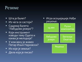 Резиме Шта је балет? Из чега се састоји? Садржај балета “Лабудово језеро”? Који инструмент изводи тему Одете и каква је мелодија? У ком веку је живео Петар Иљич Чајковски? Из које је земље? Дела која је писао? Игра асоцијације.Нађи решење: 