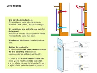 Una pared orientada al sol..
Construida con materiales capaces de
acumular calor: piedra, adobe u hormigón.
Un espacio de aire sobre la cara exterior
de la pared.
Pintada de un color oscuro para que refleje
menos el sol y capte más calor.
Una lamina de vidrio sobre el espacio de
aire.
Rejillas de ventilación.
El funcionamiento se basa en la circulación
del aire caliente y frío según las
posiciones de las rejillas de ventilación.
Durante el día el calor del sol calienta el
muro y éste va almacenado ese calor,
a la vez el aire frío sale de la habitación por l
a rejilla inferior y el caliente entra por arriba.
MURO TROMBE
 