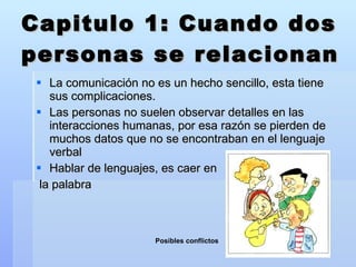 Capitulo 1: Cuando dos personas se relacionan La comunicación no es un hecho sencillo, esta tiene sus complicaciones. Las personas no suelen observar detalles en las interacciones humanas, por esa razón se pierden de muchos datos que no se encontraban en el lenguaje verbal Hablar de lenguajes, es caer en la palabra Posibles conflictos 