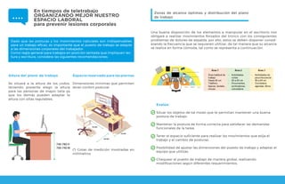 Altura del plano de trabajo
Se situará a la altura de los codos,
teniendo presente elegir la altura
para las personas de mayor talla ya
que los demás pueden adaptar la
altura con sillas regulables.
Dado que las posturas y los movimientos naturales son indispensables
para un trabajo eficaz, es importante que el puesto de trabajo se adapte
a las dimensiones corporales del trabajador.
Como regla general para trabajos en posición sentada que impliquen lec-
tura y escritura, considera las siguientes recomendaciones:
Espacio reservado para las piernas
Dimensiones mínimas que permiten
tener confort postural:
Una buena disposición de los elementos a manipular en el escritorio nos
obligará a realizar movimientos forzados del tronco con los consiguientes
problemas de dolores de espalda, por ello, estos se deben disponer consid-
erando la frecuencia que se requieren utilizar, de tal manera que su alcance
se realice en forma cómoda, tal como se representa a continuación:
Zonas de alcance óptimas y distribución del plano
de trabajo
Evalúa:
Situar los objetos de tal modo que te permitan mantener una buena
postura de trabajo.
Mantener la postura de forma correcta para satisfacer las demandas
funcionales de la tarea.
Tener el espacio suficiente para realizar los movimientos que exija el
trabajo y el cambio de posturas.
Posibilidad de ajustar las dimensiones del puesto de trabajo y adaptar el
equipo que utilizas.
Chequear el puesto de trabajo de manera global, realizando
modificaciones según diferentes requerimientos.
(*) Cotas de medición mostradas en
milímetros
En tiempos de teletrabajo
ORGANIZANDO MEJOR NUESTRO
ESPACIO LABORAL
para prevenir lesiones corporales
740-780 H
700-740 M
 