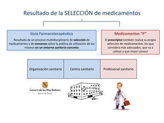 Resultado de la SELECCIÓN de medicamentos


                Guía Farmacoterapéutica                                      Medicamentos “P”
  Resultado de un proceso multidisciplinario de selección de          El prescriptor también realiza su propia
medicamentos y de consenso sobre la política de utilización de los      selección de medicamentos: los que
          mismos en un entorno sanitario concreto                        considera más adecuados, que va a
                                                                            utilizar y que mejor conoce




               Organización sanitaria          Centro sanitario      Profesional sanitario
 
