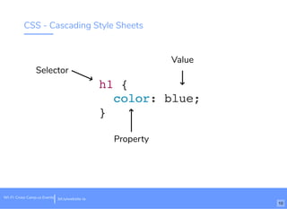CSS - Cascading Style Sheets
h1 {
color: blue;
}
Value
Property
Selector
bit.ly/website-labit.ly/website-laWi-Fi: Cross Camp.us Events
10
 