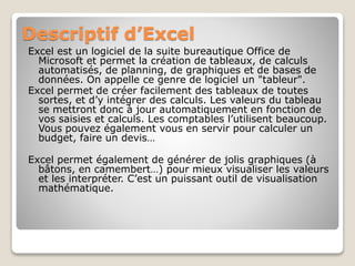 Descriptif d’Excel
Excel est un logiciel de la suite bureautique Office de
Microsoft et permet la création de tableaux, de calculs
automatisés, de planning, de graphiques et de bases de
données. On appelle ce genre de logiciel un "tableur".
Excel permet de créer facilement des tableaux de toutes
sortes, et d’y intégrer des calculs. Les valeurs du tableau
se mettront donc à jour automatiquement en fonction de
vos saisies et calculs. Les comptables l’utilisent beaucoup.
Vous pouvez également vous en servir pour calculer un
budget, faire un devis…
Excel permet également de générer de jolis graphiques (à
bâtons, en camembert…) pour mieux visualiser les valeurs
et les interpréter. C’est un puissant outil de visualisation
mathématique.
 
