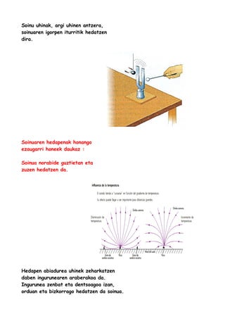 Soinu uhinak, argi uhinen antzera,
soinuaren igorpen iturritik hedatzen
dira.

Soinuaren hedapenak honango
ezaugarri honeek daukaz :
Soinua norabide guztietan eta
zuzen hedatzen da.

Hedapen abiadurea uhinek zeharkatzen
daben ingurunearen araberakoa da.
Ingurunea zenbat eta dentsoagoa izan,
orduan eta bizkorrago hedatzen da soinua.

 