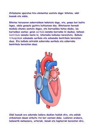 Zirkulazino aparatua hiru elementuz osatuta dago: bihotza, odol
basoak eta odola.
Bihotza toraxaren eskerraldean kokatuta dago, eta, ponpa bat balitz
legez, odola gorputz guztira bultzatzen dau. Bihotzaren hormak
muskulu ehunez osatuta dagoz, eta barrualdea hutsa dauka, lau
burrunbez osotua: goian aurikula izeneko barrunbe bi daukaz, behean
bentrikula izeneko beste bi, bihotzeko balbulez bereiztuta. Balbula
trikuspideak eskumako aurikula eta eskumako bentrikula bereizten
dauz. Eta balbula mitralak ezkerreko aurikula eta ezkerreko
bentrikula bereizten dauz.
Odol basoak era askotako lodiera daukien hodiak dira, eta odolak
zirkulatzen dauan zirkuitu itxi bat osotzen dabe. Lodiaren arabera,
lodienetik meheenera, arteriak, benak eta kapilarrak bereizten dira.
 