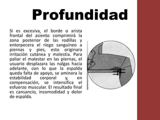 Profundidad
Si es excesiva, el borde o arista
frontal del asiento comprimirá la
zona posterior de las rodillas y
entorpecera el riego sanguíneo a
piernas y pies, esto originara
irritación cutánea y molestia. Para
paliar el malestar en las piernas, el
usuario desplazara las nalgas hacia
adelante, con lo que la espalda
queda falta de apoyo, se aminora la
estabilidad corporal y, en
compensación, se intensifica el
esfuerzo muscular. El resultado final
es cansancio, incomodidad y dolor
de espalda.
 