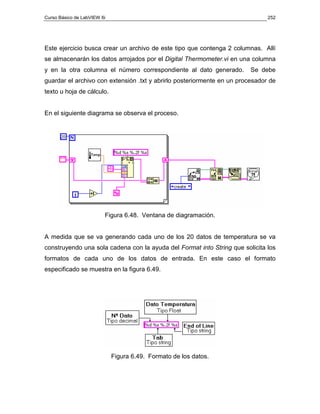 Curso Básico de LabVIEW 6i 
252 
Este ejercicio busca crear un archivo de este tipo que contenga 2 columnas. Allí 
se almacenarán los datos arrojados por el Digital Thermometer.vi en una columna 
y en la otra columna el número correspondiente al dato generado. Se debe 
guardar el archivo con extensión .txt y abrirlo posteriormente en un procesador de 
texto u hoja de cálculo. 
En el siguiente diagrama se observa el proceso. 
Figura 6.48. Ventana de diagramación. 
A medida que se va generando cada uno de los 20 datos de temperatura se va 
construyendo una sola cadena con la ayuda del Format into String que solicita los 
formatos de cada uno de los datos de entrada. En este caso el formato 
especificado se muestra en la figura 6.49. 
Figura 6.49. Formato de los datos. 
 